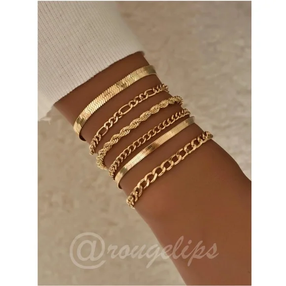 Set of 6 Gold Tone Bracelets Chain Rope Fashion Jewelry - Picture 5 of 5